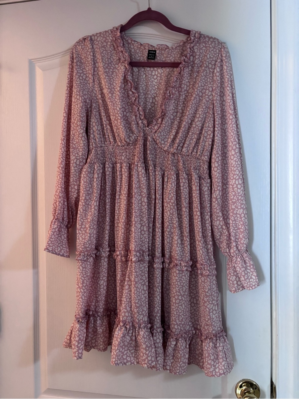 Pink Animal Print Ruffle Tiered Maternity Long Sleeve Dress